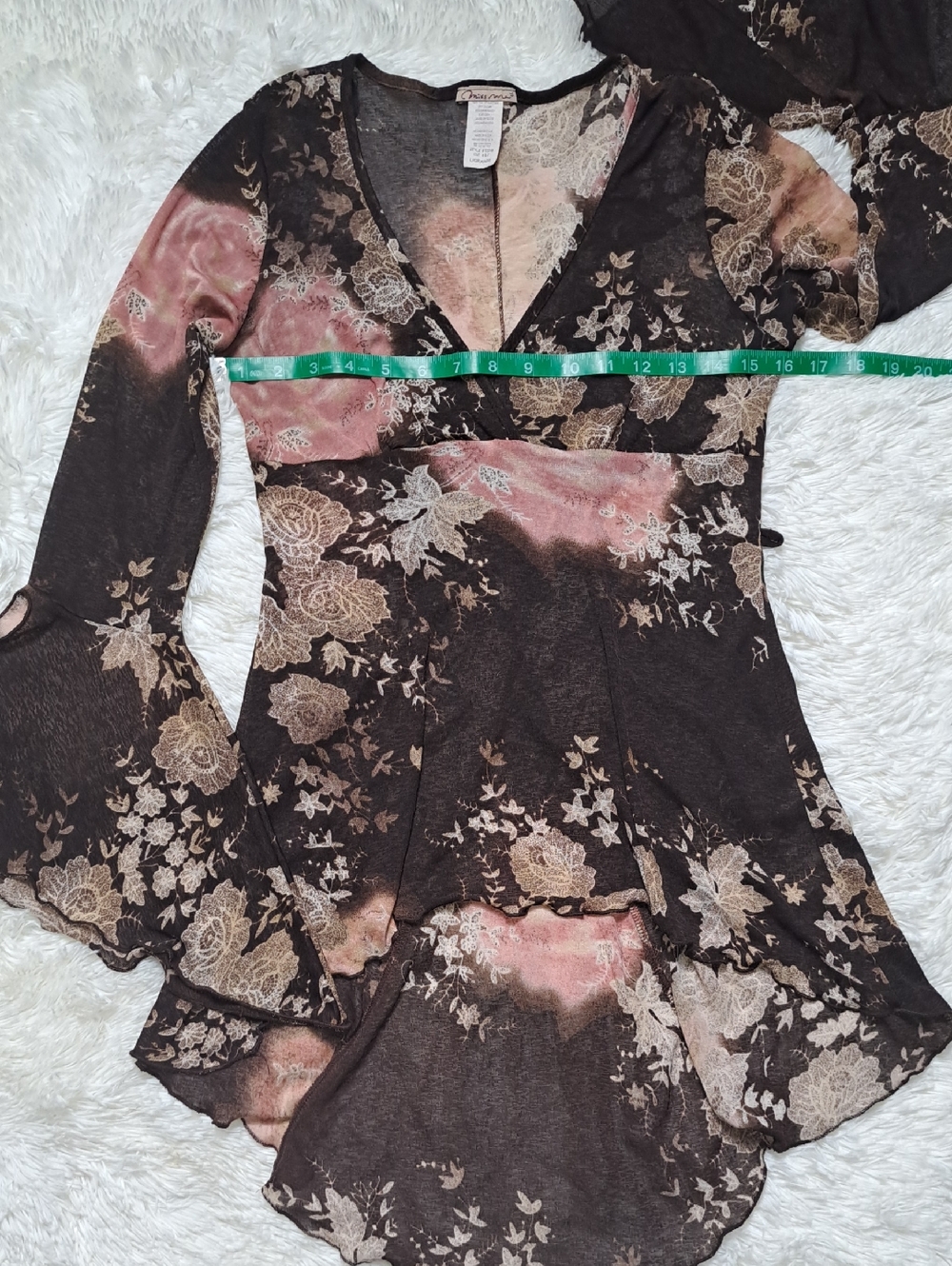 VTG Miss Me Y2K Whimsigoth Asymmetrical Mesh Bell Sleeve Top L - Picture 7 of 9